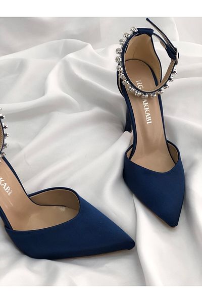 Hg Ayakkabı Nayan Navy Blue Saténové kamenné jehlové podpatky