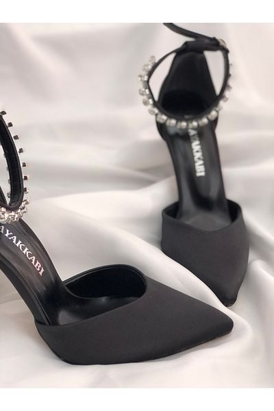 Hg Ayakkabı Stiletto din piatră cu toc din satin negru Nayan
