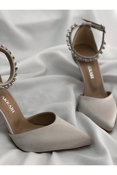 Hg Ayakkabı Stiletto de piatră cu toc din satin bej