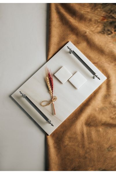 MERALP Thin Marble Silver Promise/ Engagement Tray with 2 Removable Rings, Metal Profile Handle