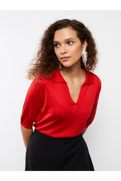 LC Waikiki Polo Neck Plain Short Sleeve Women's Knitwear Sweater