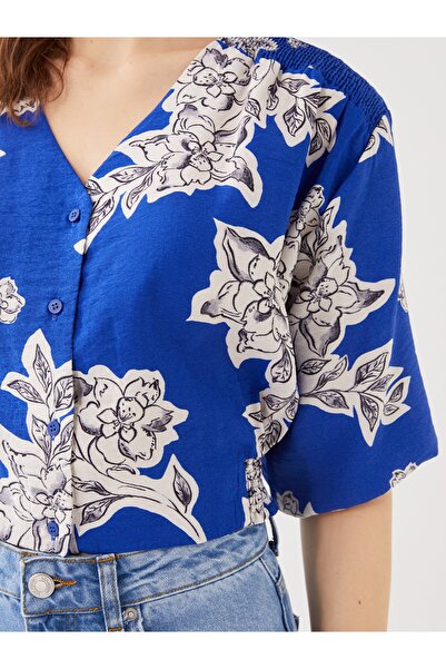 LC Waikiki Γυναικεία μπλούζα με λαιμόκοψη V-λαιμόκοψη Floral Balloon Sleeve Crop