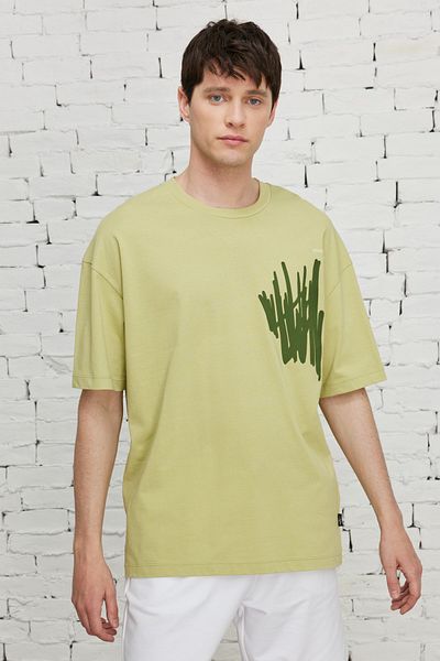 AC&Co / Altınyıldız Classics Pánske zelené oversize tričko voľného strihu zo 100 % bavlny s výstrihom a výstrihom