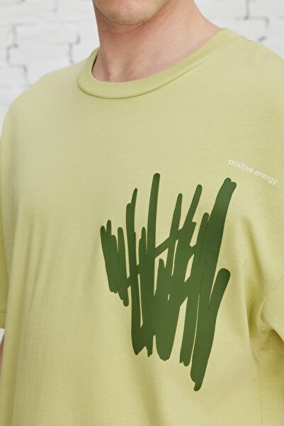 AC&Co / Altınyıldız Classics Ανδρικό μπλουζάκι με λαιμόκοψη 100% βαμβακερό πράσινο oversize με στάμπα