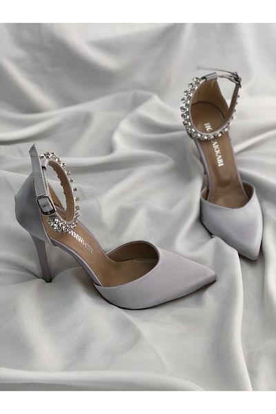 Hg Ayakkabı Nayan Argintiu Satin Toc Stone Stiletto
