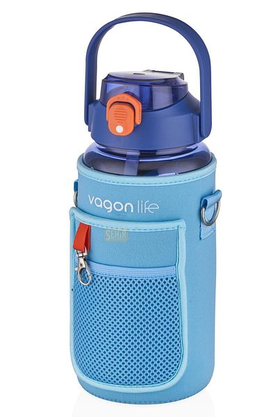 Vagonlife 1500ml Motivational Water Bottle with Blue Straw and Case and Strap Plastic Sticker - Transparent