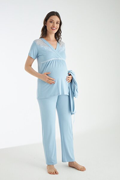 Miss Dünya Lissa Bebe Mavisi Dantel Detaylı 3lü Sabahlıklı Hamile Ve Lohusa Pijama Takımı