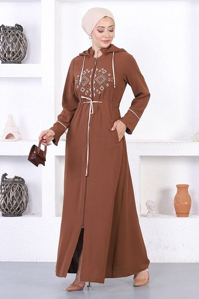 Modamihram Embroidered Hooded Abaya Brown 12210