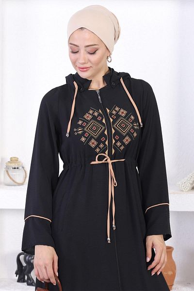Modamihram Embroidered Hooded Abaya Tan 12210