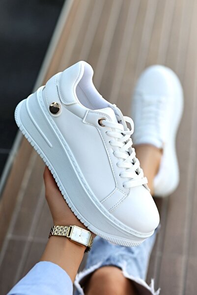 LEYDİ SHOES Ωραία ματ δερμάτινα γυναικεία αθλητικά παπούτσια με κορδόνια λευκά