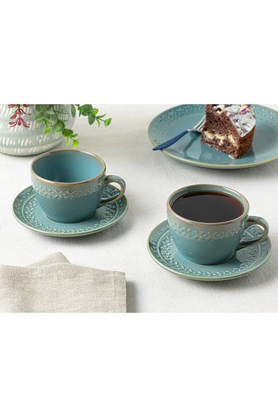 English Home Stoic Ceramic Green Teacup Set - 2 Person, 225 ml, 4 Pieces
