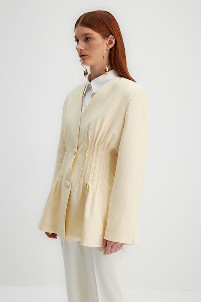 Trendyol Modest X Kevser Sarıoğlu Beige Rib Detailed Woven Jacket TCLSS23CK00002