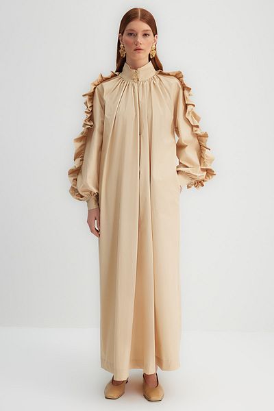 Trendyol Modest X Kevser Sarıoglu Stone Ruffle and Zipper Detailed 100% Cotton Poplin Woven Dress TCLSS23EB00006