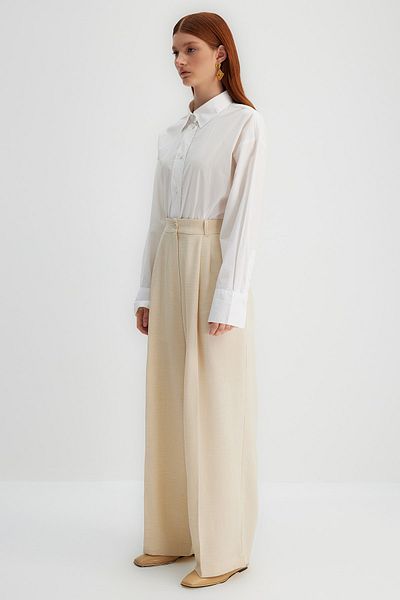 Trendyol Modest X Kevser Sarıoğlu Beige gewebte Hose mit hoher Taille und weitem Bein TCLSS23TP00006