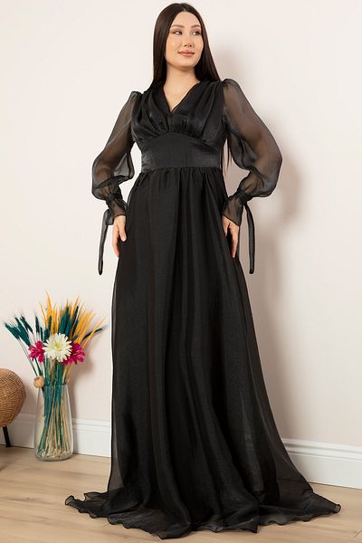 PULLIMM V-Neck Sleeve Detailed Janjan Chiffon Long Dress 13377