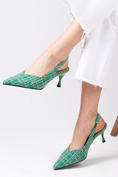 Mio Gusto Justine Green Color Tweed Fabric Women's Heeled Shoes