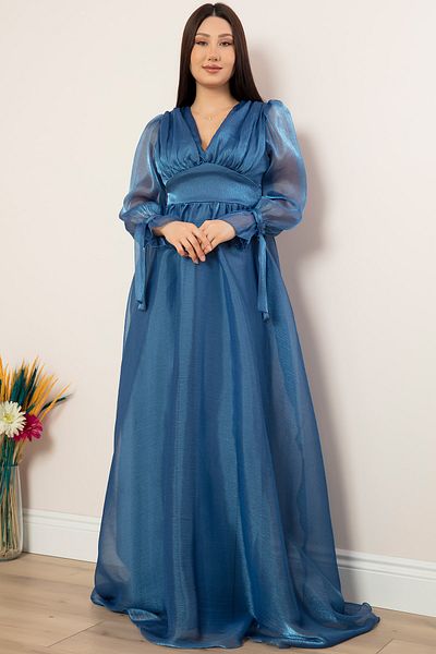 PULLIMM V-Neck Sleeve Detailed Janjan Chiffon Long Dress 13377