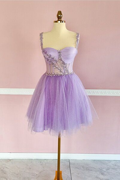 Lenta Moda Lila Simli Mini Gece Ve Parti Elbisesi