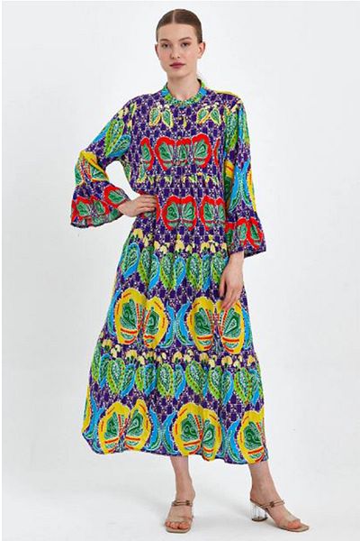 AYASOFYA OTANTIK Women's Purple Magnificent Collar Ivolan Sleeve Button Detailed Ethnic Authentic Dress