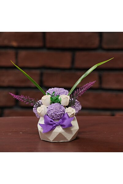 StoneGiftDesign Geometrik Taş Saksıda Güllü Kalp Çiçek Aranjman