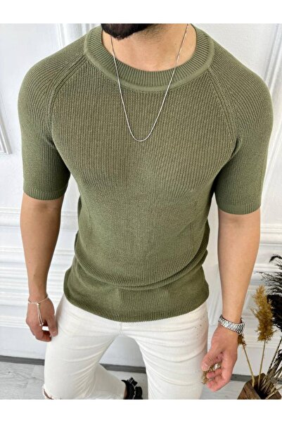 elkumoda Πλεκτό Τρίκo Τι-Σερτ Κοντό Μανίκι Τρίκo Slim Fit Στενή Γραμμή Τι-Σερτ