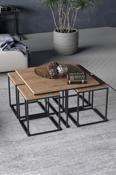 GOLDFALEZ 5-Piece Modern Nesting Coffee Table Set - 1 Center Table  + 4 Side Tables - Black Metal Frame