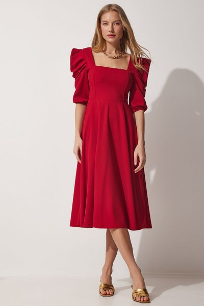 Happiness İstanbul Rotes Sommer-Langkleid mit quadratischem Kragen für Damen DK00147