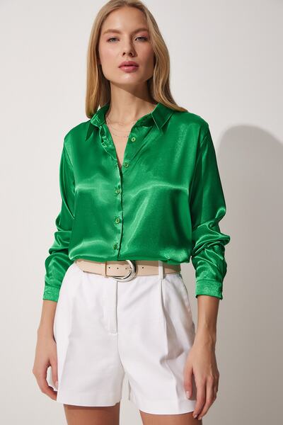 Happiness İstanbul Women's Vibrant Green Lightly Flowy Satin Surface Shirt DD00990