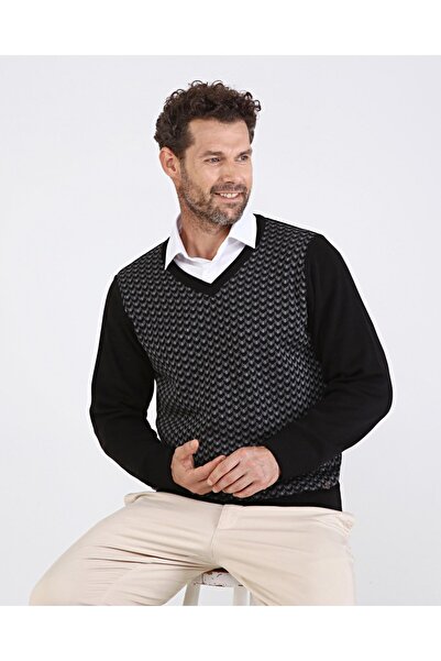 Çizgi Triko Ανδρικό πλεκτό με λαιμόκοψη V μαύρο πουλόβερ με μοτίβο μανίκι και μέση ελαστικό ατσάλι πλεκτό κλασικό καλούπι