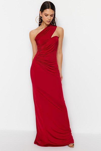 Trendyol Collection Vínové detailní dlouhé večerní šaty na jedno rameno TPRSS23AE00257