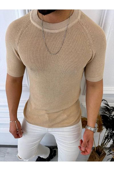 elkumoda Πλεκτό Τρίκo Τι-Σερτ Κοντό Μανίκι Τρίκo Slim Fit Στενή Γραμμή Τι-Σερτ