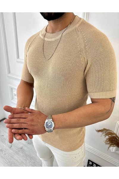 elkumoda Πλεκτό Τρίκo Τι-Σερτ Κοντό Μανίκι Τρίκo Slim Fit Στενή Γραμμή Τι-Σερτ