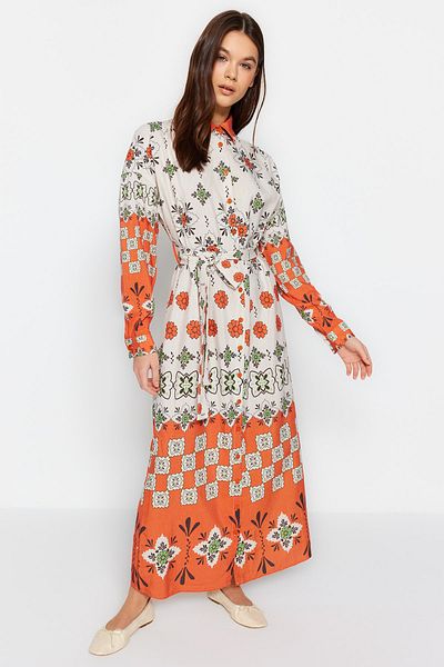 Trendyol Modest Φόρεμα υφασμένο πουκάμισο με έθνικ μοτίβο από πλακάκια TCTSS23EB00364