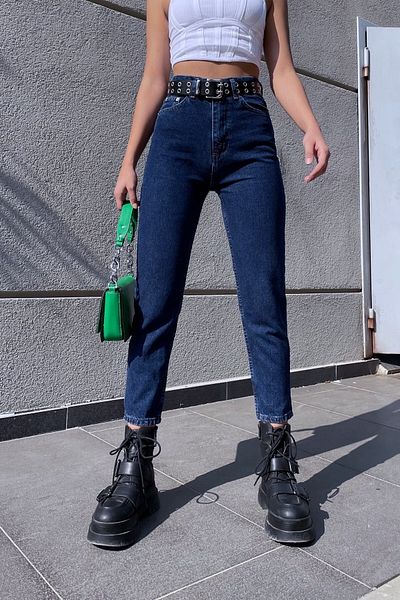 Trn JNS Pantaloni Mom Jeans cu talie înaltă, albastru închis, Lycra Colorfast Blugi Mom foarte confortabili