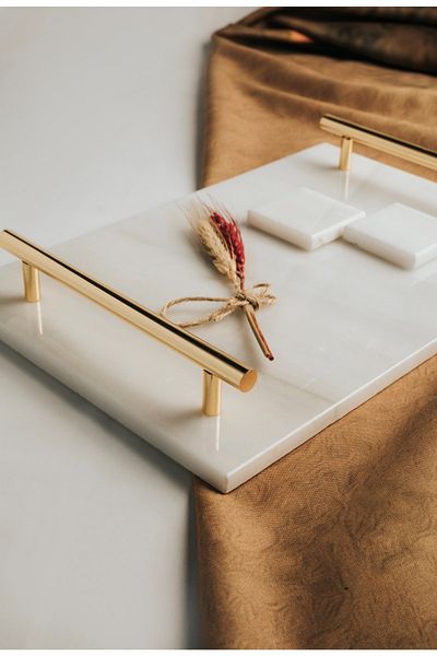 MERALP Thin Marble Gold Promise/ Engagement Tray with 2 Removable Rings, Metal Profile Handle