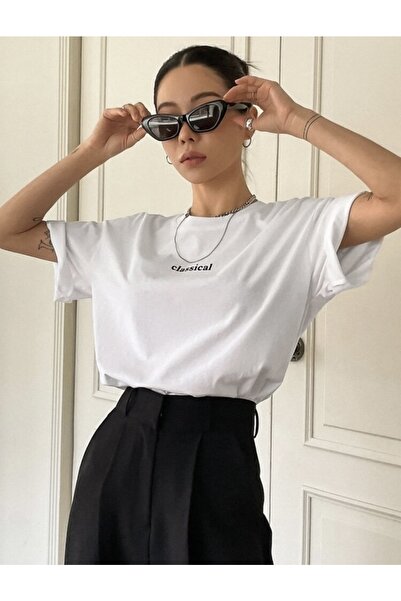 BYMEER Tricou supradimensionat unisex, alb, cu imprimeu clasic, cu decolteu r...