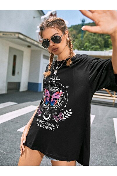 Harmandar Μπλουζάκι Moon Butterfly Printed Unisex Μαύρο Oversize