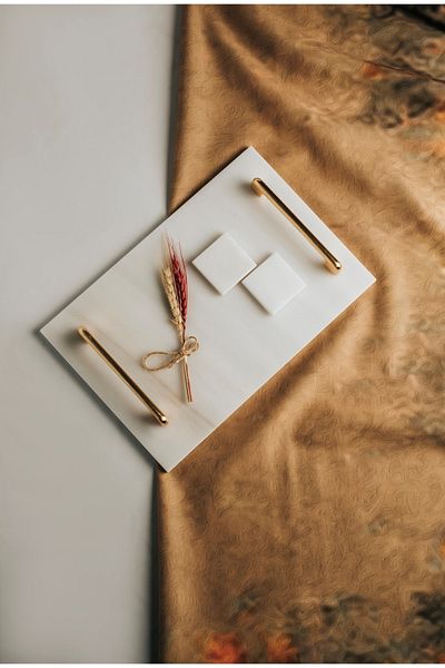 MERALP Thin Marble Gold Promise/ Engagement Tray with 2 Removable Rings, Metal Profile Handles