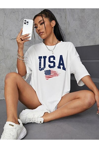 Harmandar Tricou oversize alb unisex cu imprimeu SUA