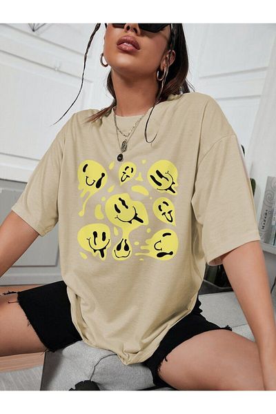 Harmandar Μπλουζάκι Smile Printed Unisex Camel Oversize