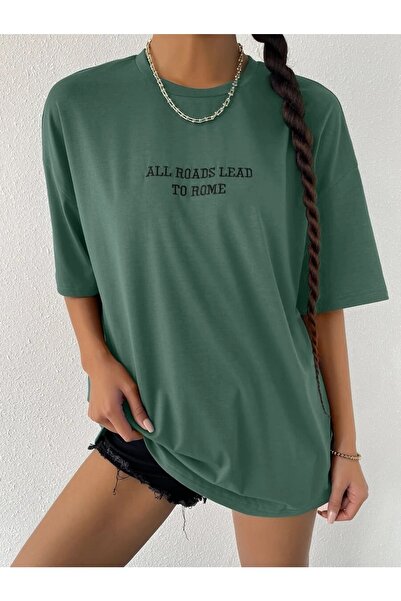 Harmandar Унісекс зелена футболка Oversize з принтом All Roads