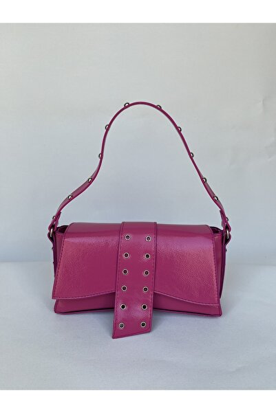 melecco Kadın Pembe Zımbalı Kavisli Baget Baguette Çanta Rugan Asimetrik Krok...
