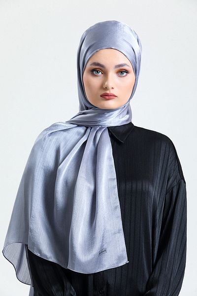 Sarar Shiny Satin Textured Evening Dress Chiffon Shawl / Gray