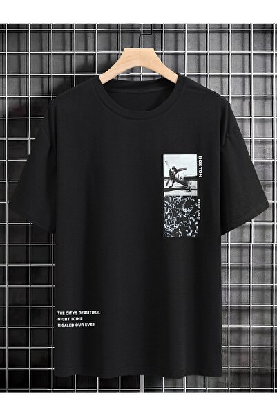 YUVEST Tricou cu imprimeu Blackrock, unisex, negru, supradimensionat Boston C...