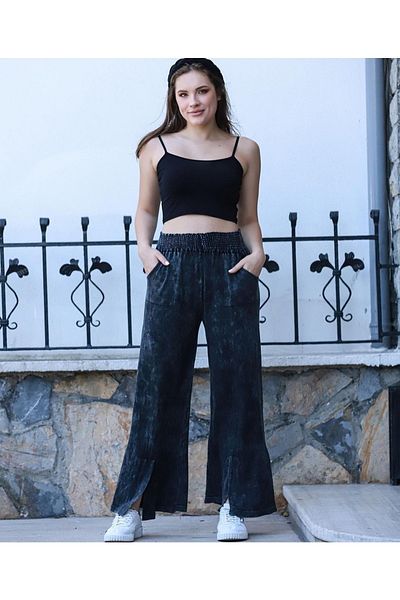 Sosyete Kaplumbağa 100% Cotton Washed Baggy Trousers with Double Pockets, Elastic Waist, Leg Front Slit