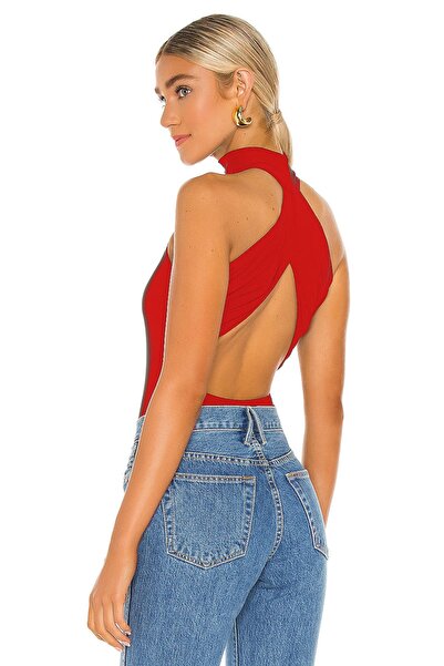 By Kul Design Women's Red Back Low-Cut Turtleneck Silk Jersey Bodysuit