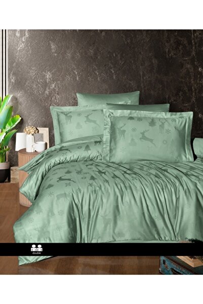 DENİZLİ ÇEYİZ طقم غطاء لحاف من الساتان جاكار من فيرست تشويس باللون الأخضر ميداس