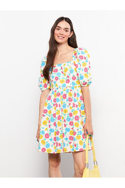 LC Waikiki Damenkleid aus Popeline mit quadratischem Kragen und Blumenmuster und Ballonärmeln
