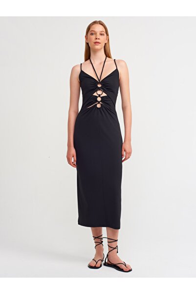 Dilvin 90347 Δαχτυλίδι Λεπτομερές Μίντι Φόρεμα-μαύρο