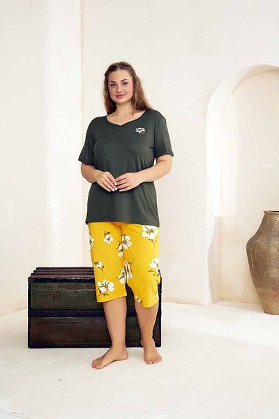 Siyah İnci Cotton Lycra Curve Plus Size Oversize Knitted Capri Set